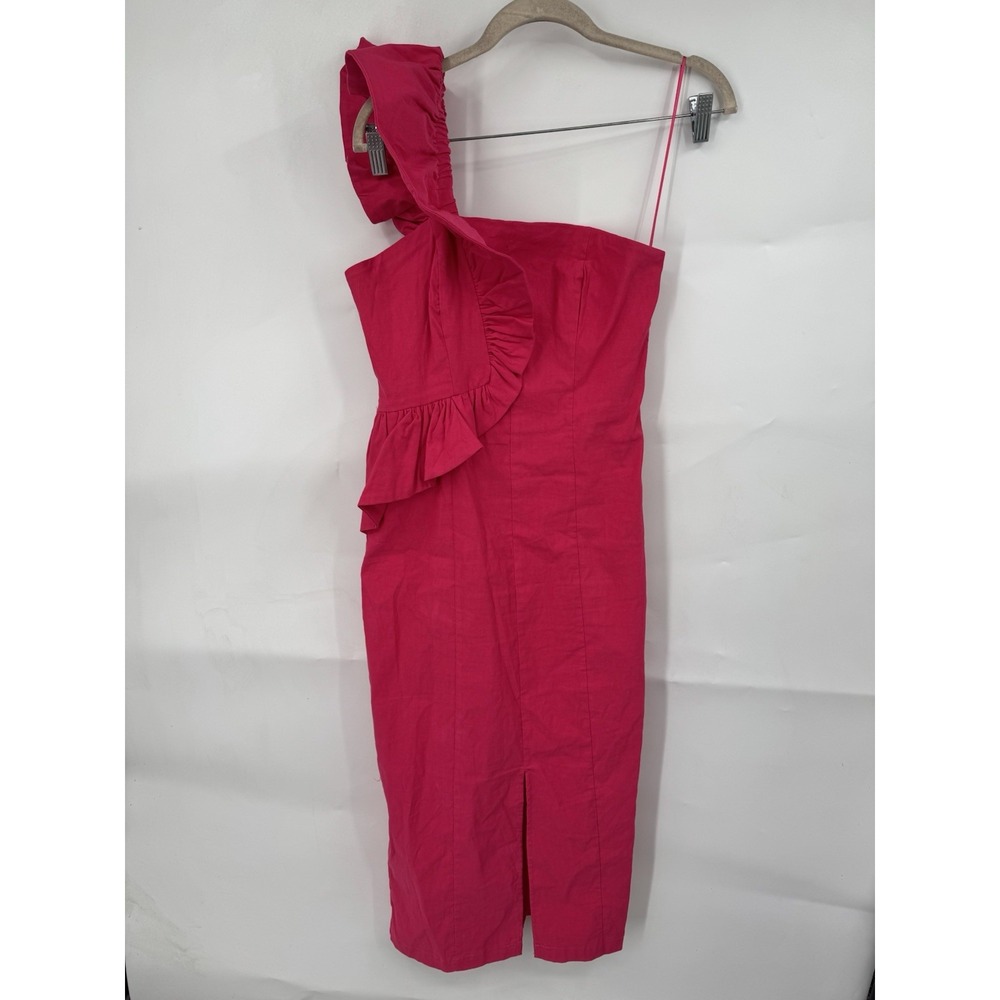 Anthropologie Pink linen One-Shoulder Ruffle column Midi Dress M 6 8 10 - Picture 4 of 13